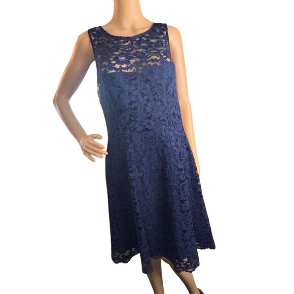 Davids Bridal Womens Short Sleeveless Illusion Lace Dress Size 12 Navy Blue Form - Picture 2 of 10